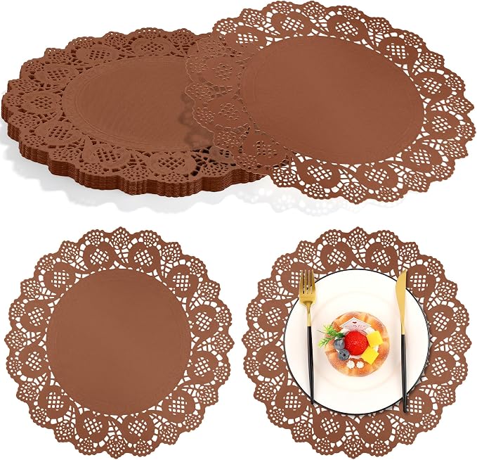 MCEAST 100 Pack Round Coffee Paper Doilies 13.5 Inches Lace Paper Place Mats Rustic Scallop Doily Disposable Table Pads for Food Cakes Crafts Party Weddings Tableware Decor