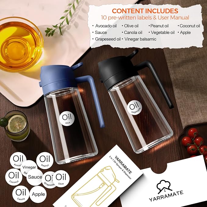 YARRAMATE 16 oz 2-in-1 Glass Olive Oil Sprayer for Cooking, Black&Navy | Food-grade dispenser bottle, 470 ml, spray and pour, portion control, stickers included, for salad, frying and BBQ