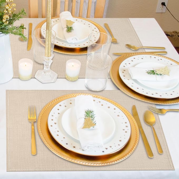 Beige White Placemats Set of 4, 12x18 Inch Washable Easy to Clean Heat-Resistant Anti-Skid Beige Placemats for Holiday Party Kitchen Dining Room Decoration