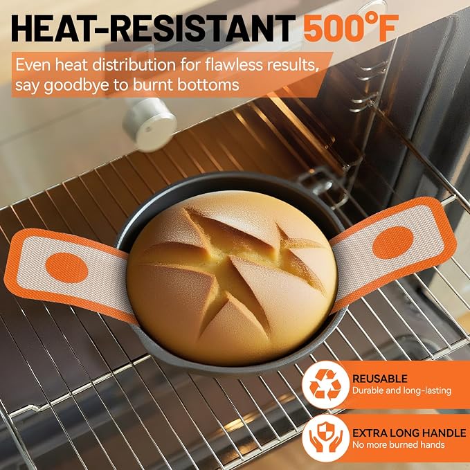 HOTEC 2 Pcs Silicone Bread Sling for Dutch Oven, 0.7MM Thickened Heat Resistant to 500°F Non-Stick Baking Mat with Long Handle Easy to Transfer Sourdough Bread, Dutch Oven Liners Baking Supplies