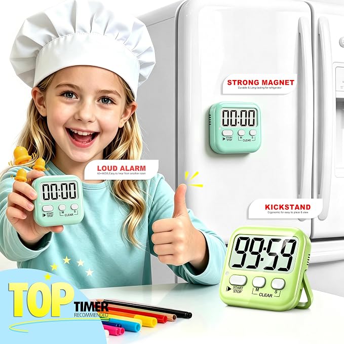 2 Pack Digital Timer for Kids Classroom Kitchen Timers for Cooking | w/ Battery, Easy to View, Alarm, Mute Mode, Count Down/Up, Magnetic, Kickstand, Hanging, Classroom Timer for Teacher Supplies