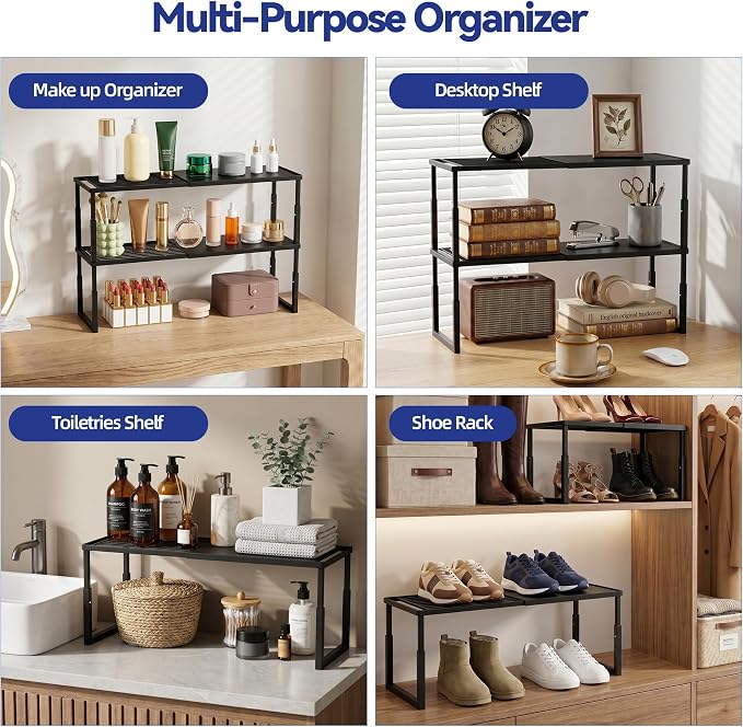 Expandable Cabinet Shelf Organizer, Stackable Countertop Shelves, Black | 15.8''- 25.5'' In Cabinet Shelf, Adjustable Kitchen Cabinet Organizer for Pantry Organizer, CupBoard Organizers and Storage