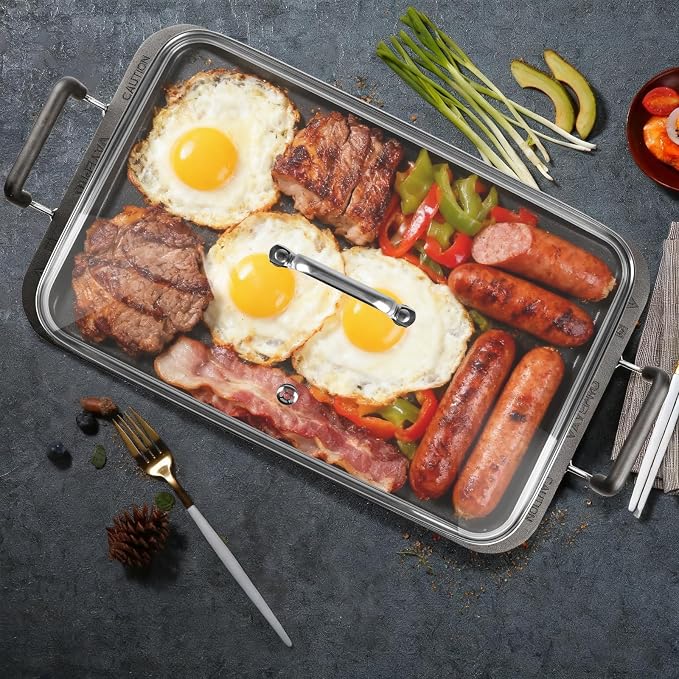 2-Burner Griddle Pan with Glass Lid - Nonstick Stovetop Griddle for Gas & Glass Cooktops - Aluminum Camping Grill Pan for Breakfast (Pancakes/Eggs/Bacon) (22"L x 12"W x 1.77"Th)
