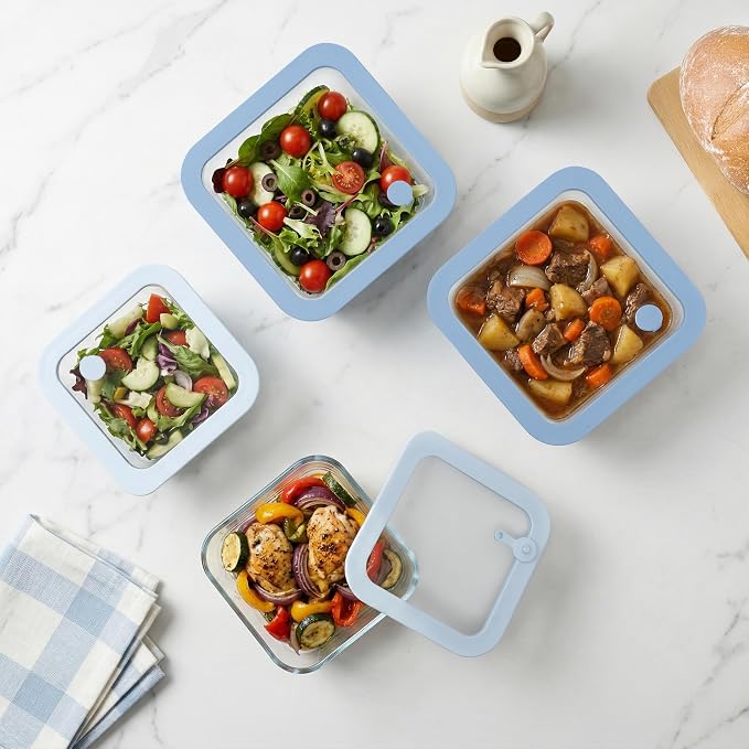 Glass Food Container Set with Silicone Glass Lid, Square Shape, 4 Pack, Airtight, LeakProof, 100% Plastic Free, Meal Prep Food Storage Containers, Blue Color