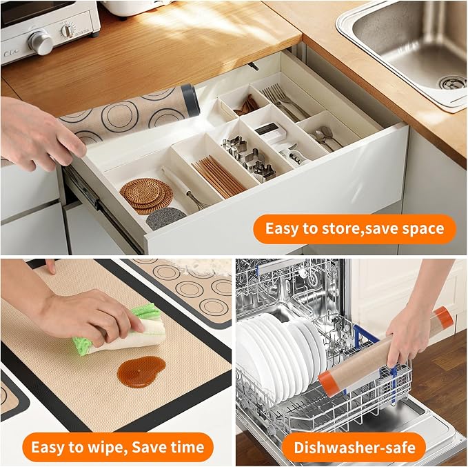 Luckyiren 2 Pack Silicone Baking Mat Set, Nonstick Half Sheet, Orange/Beige | Two 16.54 x 11.62 in reusable nonstick silicone baking mats fit half sheet pans; cookie sheet liners for cookies and pastry.