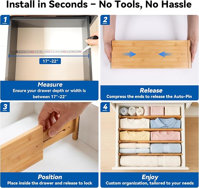 4 Pack 6" Deep Bamboo Drawer Dividers, 17-22" Expandable Kitchen Organizers | Adjustable Spring-Loaded Tension Separators with Foam Pad for Clothes, Utensils, Kitchen, Dresser, Nursery & Bathroom