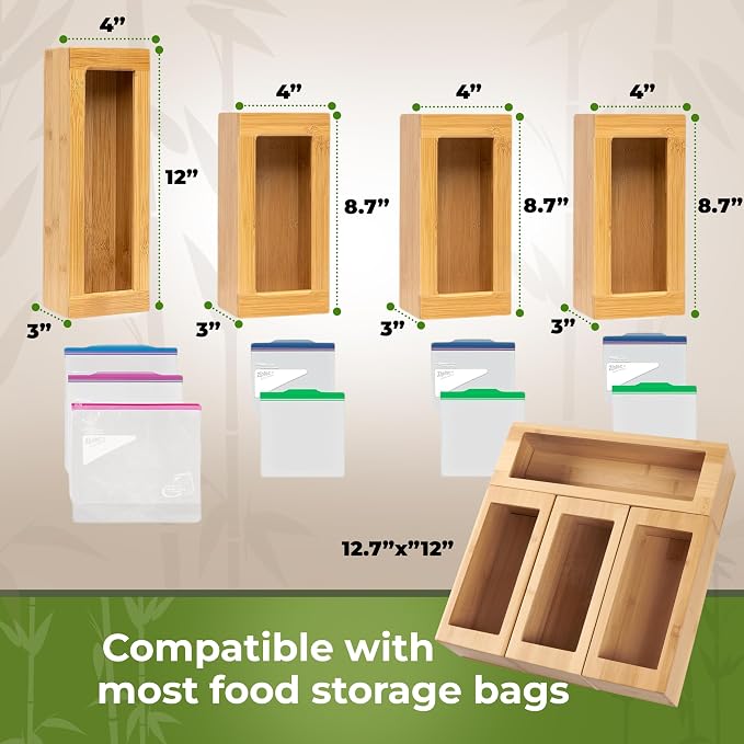 Bamboo Storage Bag Organizer for Drawer, 4 Blocks – Plastic Bag Organizer | Modular Kitchen Organization, Quick Refill – Fits Gallon, Quart, Sandwich & Snack Size Bags