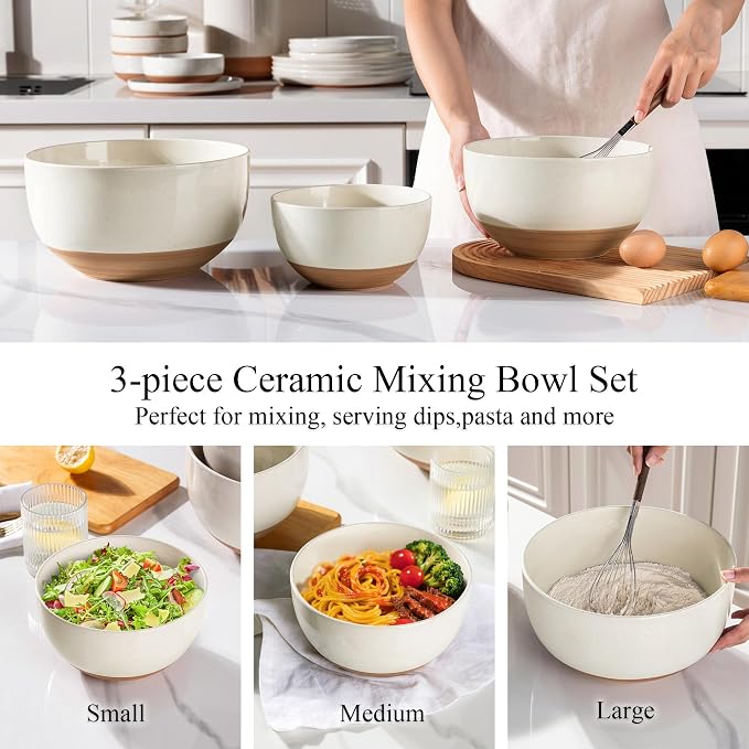 AmorArc Ceramic Mixing Bowls,Stoneware Nesting Bowls Set of 3 for Kitchen | Serving Bowls with Rustic Terracotta Underside for Mixing,Cooking,Baking,Salad,Microwave&Dishwasher Safe 4.6/2.8/1.3 Qt-Beige