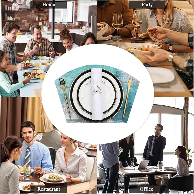 SHACOS Small Round Table Placemats Set of 5 Woven Vinyl Wedge Placemats with Centerpiece Round Table Mats Wipe Clean, Turquoise Grey Abstract Painting