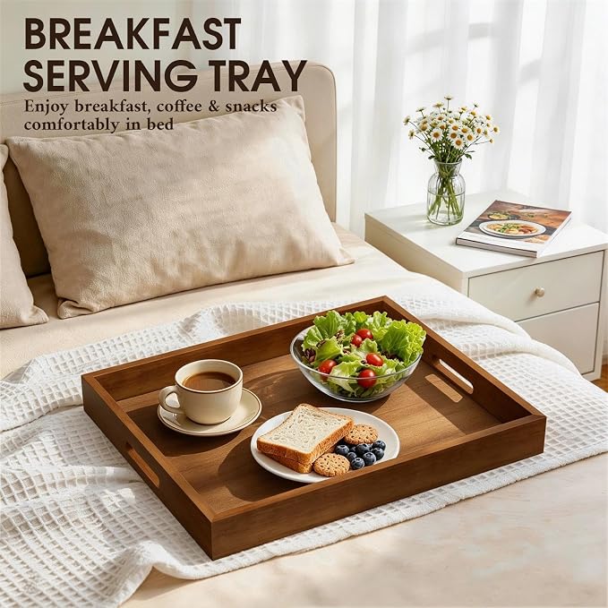 Extra Large Ottoman Tray, 22 x 18 inches Black Walnut Wooden Tray | Rectangle Decorative Tray with Handles, Wood Coffee Table Tray, Serving Platter Tray for Living Room, Countertop, Kitchen