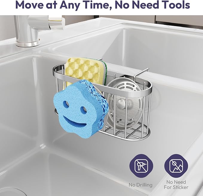 SWTYMIKI Sponge Holder for Kitchen Sink - Movable Sink Caddy with Smiley Face Sponge Holder, Rustproof Hanging Sponge Organizer in Double Bowl Sinks Depth>3.15in, Middle Divider<1.5in, Silver