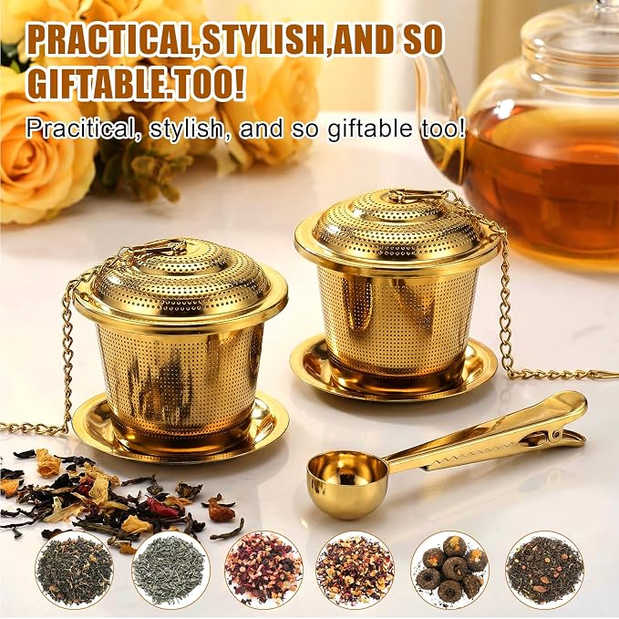 4 Pcs Tea Infuser Strainers for Loose Tea with Scoop, Extra Fine Mesh Steeper 304 Stainless Steel Diffuser Leaf Holder with Extended Chain Hook for Brew, Spices, Seasoning, Gold