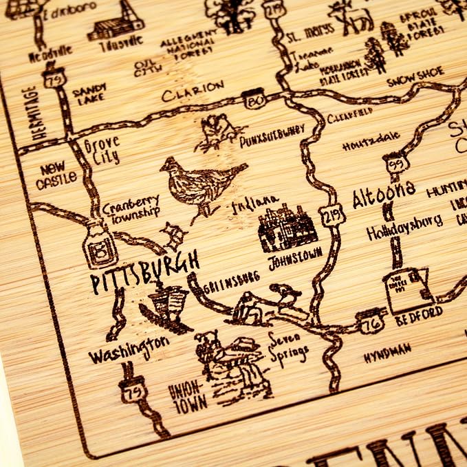 Totally Bamboo A Slice of Life Pennsylvania Engraved Map Cutting Board | 11” x 8.75” charcuterie board with engraved state map artwork. Smooth reverse side for food prep. Hang tie for wall display.