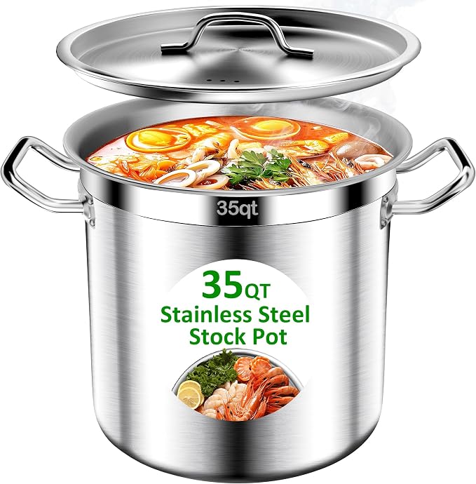 Stockpots-35QT Stainless Steel Large Stock Pot with Lid, Heavy Duty Tri-Ply Bottom Commercial Grade Stock Pot & Stockpots for Boiling Cooking Soup Stew Canning Cooking Pots, Big Stockpot
