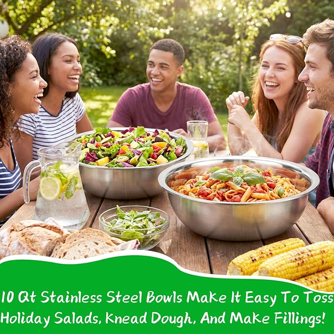 WUWEOT 3 Pack 10 Quart Large Mixing Bowl, Stainless Steel Oversized Salad Bowls, All-Purpose Metal Serving Basin for Home Commercial Prepping Baking Marinating Cooking Brining Mixing