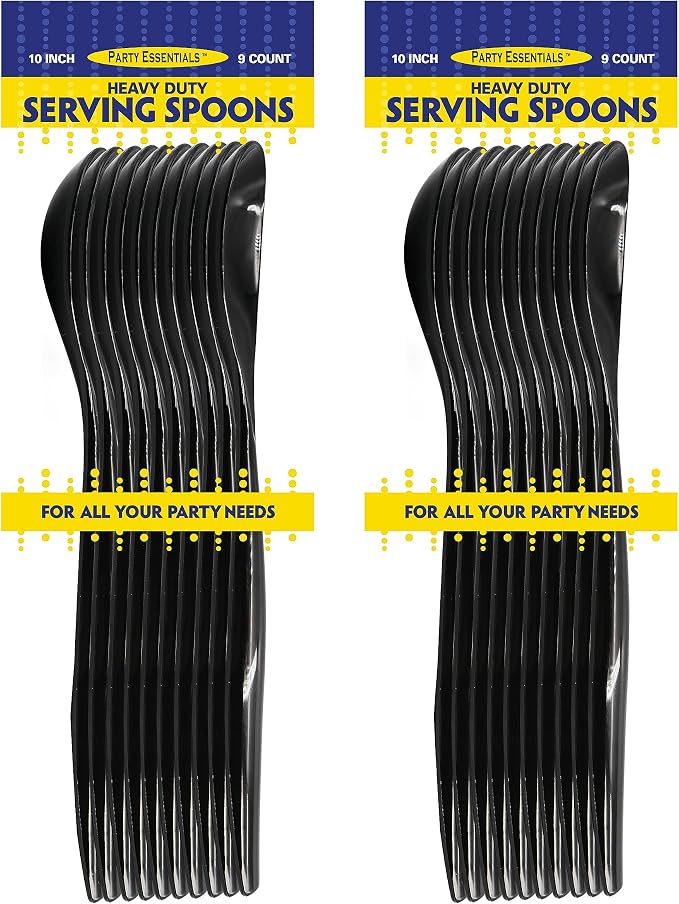 Party Essentials Disposable Heavy Duty Plastic Serving Utensils for Buffets Events Parties, 18-Count 10" Spoons, Black