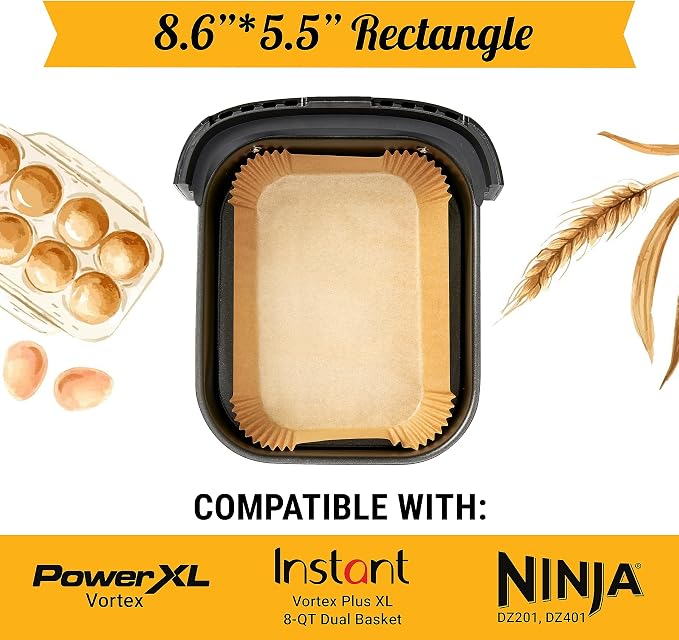 Rectangular Air Fryer Liners Disposable, 125 Pcs Parchment for Dual Baskets | Non-stick & oil-proof for easy cleanup, unbleached natural wood pulp, oven & microwave safe