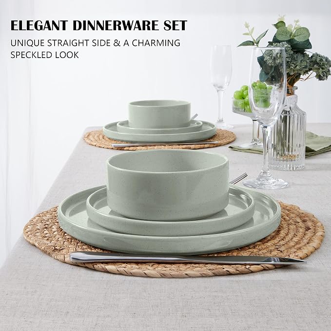 E-far Dinnerware Sets for 6, 18-Piece Stoneware Plates and Bowls Set, Green | Modern Kitchen Dining Dishware, Chip and Scratch Resistant, Microwave & Dishwasher Safe, Speckled Green