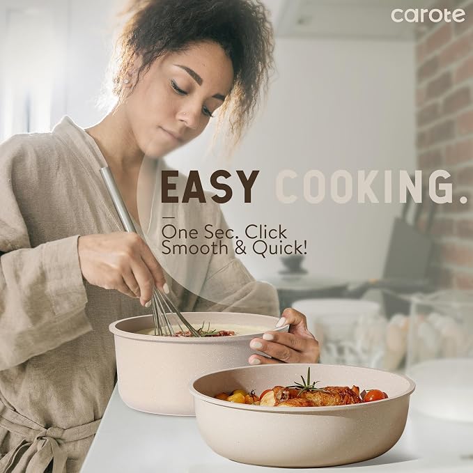 CAROTE 19pcs Pots and Pans Set Non Stick, Detachable Handle Cookware Sets | Ultra Nonstick, Space Saving, Dishwasher & Oven Safe, Non-Toxic Kitchen/Apartment/Camping/RV/ Traveling, Taupe