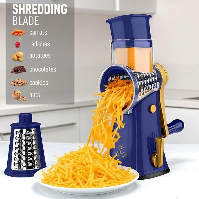 Zulay Kitchen Rotary Cheese Grater 5 Blade Cheese Shredder - Manual Hand Crank Cheese Grater With Reinforced Suction & 5 Interchangeable Drums - Easy to Use, Vegetable Chopper Round Mandoline Slicer