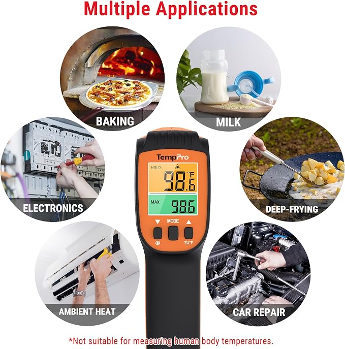 TempPro TempScan Infrared Thermometer Gun with 2 Laser for Pizza Oven Grill | 16:1 D:S Ratio Temperature Gun for Cooking HVAC Engine, Laser Thermometer Gun with Adjustable Emissivity Temp Gun -58℉-1022℉