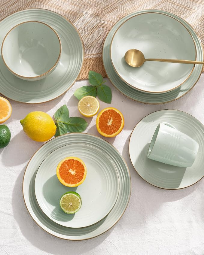Famiware Jupiter Plates and Bowls Sets with Rim, Stoneware Dinnerware for 4 | 12pcs Ceramic Neutral Dishes, Speckled & Embossed Swirl, Chip & Scratch Resistant, Microwave & Dishwasher Safe, Light Green