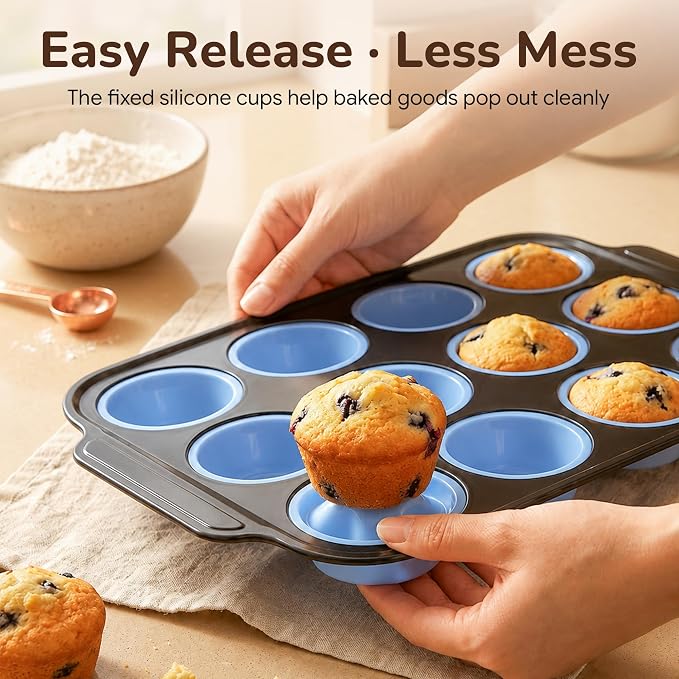 Silicone Muffin Pans for Baking, 12-Cup Muffin Tin with Metal Frame | Reinforced Metal Frame, 12-Cup Size, Easy Release Cups, Nonstick Silicone, Oven & Dishwasher Safe