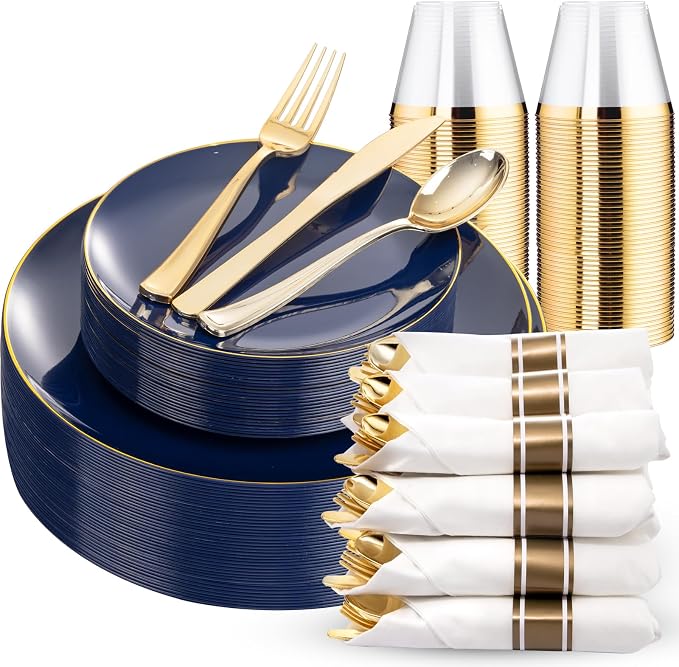 KIRE 175Pcs Blue Plastic Plates - Navy Blue Plates Disposable - 25 for Dinner 25 for Dessert 25 Pre Rolled Napkins with Gold Plastic Silverware and 25 Cups for 4th of July/Wedding/Party