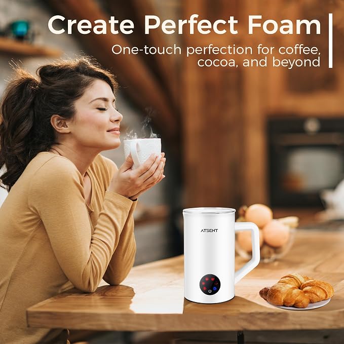Milk Frother and Steamer, 6-in-1 Hot and Cold Foam Maker, Electric Milk Steamer with Auto Shut-Off, Pure White