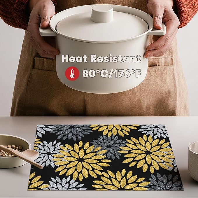 Artoid Mode Floral Vinyl Placemats Set of 4, 12x18 Inch New Year Washable Non-Slip Plastic Vinyl Place Mats for Party Kitchen Dining Decor, Yellow Black