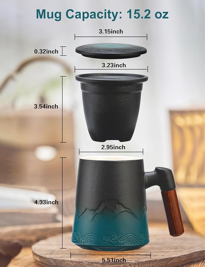 suyika Tea Cup with Infuser and Lid, Gradient Black & Blue, 15.2oz /450ml | Ceramic Mug, Wood Handle, For Loose Leaf Tea