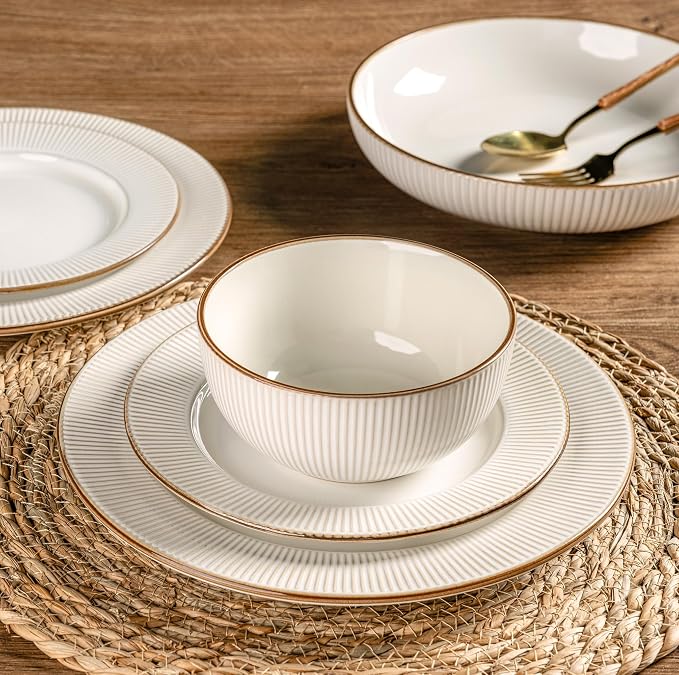 GBHOME Ceramic Dinnerware Sets,12 pcs Embossed Elegant Stoneware Plates and Bowls Sets, Housewarming Wedding Gift | Dishwasher & Microwave Safe | Dishes Set Service for 4 | Embossed Elegant Stoneware Dishes Set | Dishwasher & Microwave Safe | Service f...