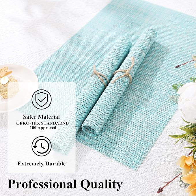SHACOS Placemats Set of 6 Woven Vinyl Place Mats Wipeable Heat Resistant Washable Table Mats Indoor Outdoor, Blue