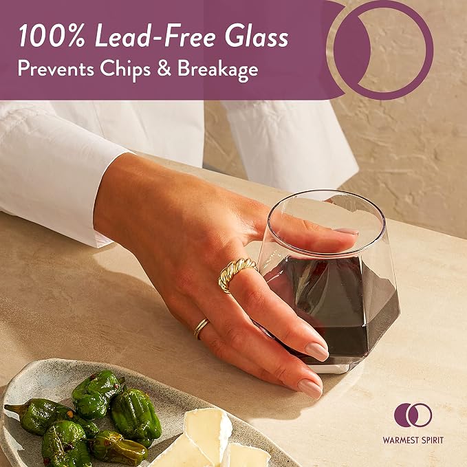 Hexagon Stemless Wine Glasses Set of 6 – Elegant 10.5 oz, Durable, Dishwasher Safe, Spill-Proof Design, Perfect for Wine, Cocktails, Whiskey, Everyday Use, Dinner Parties, and Entertaining, Giftable