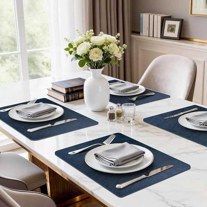 Faux Leather Placemats Set of 6 Heat Resistant Table Mats 17×12 Inch | Waterproof & Wipeable Place Mats Set of 6 Dual Sided Table Placemats for Kitchen Dining Decor Indoor Outdoor 43×30CM NavyBlue