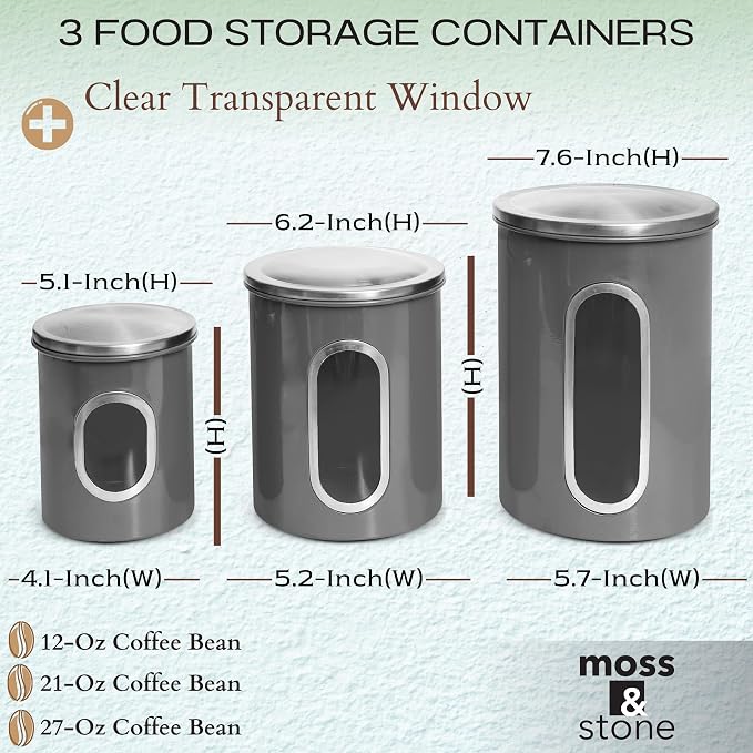 Moss & Stone 3-Pcs Gray Canisters Set for Kitchen Storage Airtight Jars | See-through window, coffee container, tea organizer, sugar canister, 3 nesting sizes, counter decor, easy press-on lids