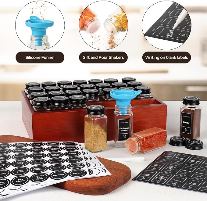 Bamboo Spice Rack Organizer with 28 Glass Spice Jars 4 oz Set Cherry Stain | 4 Tier Wood Hanging Shelf, 780 Labels, for Drawer Cabinet Kitchen Countertop Wall Mount, Empty 4 oz Glass Jars