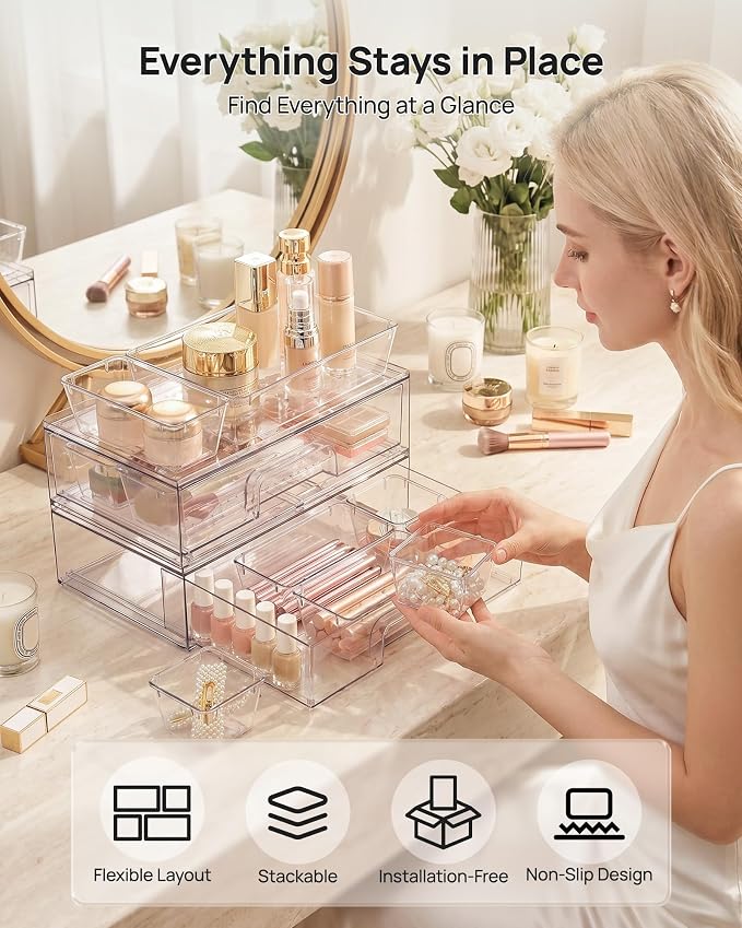 Vtopmart 12-Pack Clear Makeup Organizer Set with Drawer Organizer Bins | 2 Pack Stackable Storage Drawers & 10 Pack Drawer Organizer for Vanity Cosmetic, Bathroom Countertop, Desk