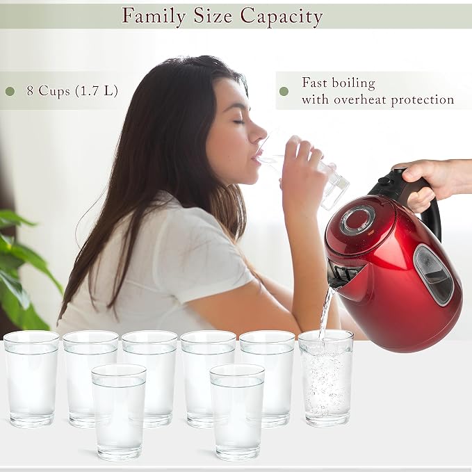 Moss & Stone Red Stainless Steel Electric Kettle, 1.7L Cordless 1500W | Large, portable hot water tea kettle, fast boiling pot, boil-dry protection, auto shut-off, blue Illuminate LED light