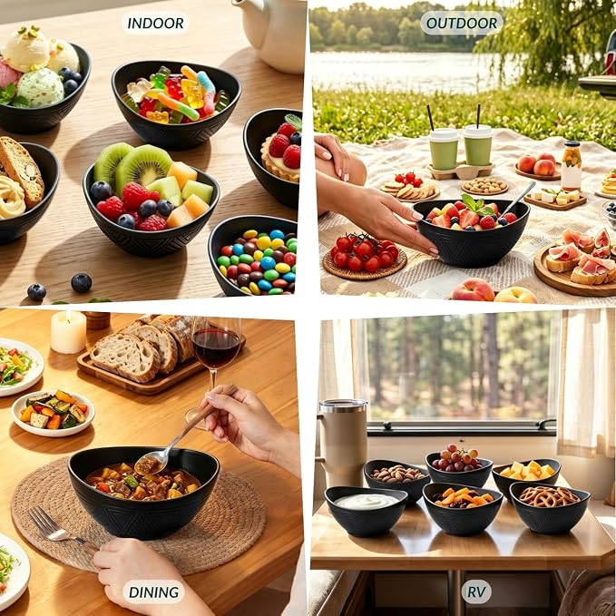 Wheat Straw Serving Bowls Unbreakable Oval Bowls Set of 6 Soup Bowls Microwave Safe Cereal Bowls for Kitchen, Camping, Party Dishwasher Safe Plastic Bowls for Dinner, Soup (26 OZ Black)