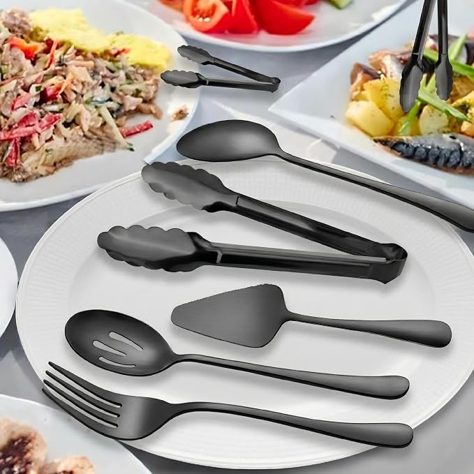 Serving Utensils, XEVOM 6-Piece Stainless Steel Serving Utensil Set Black | Include Serving Spoon, Slotted Serving Spoon, Serving Fork,Serving Tong, Appetizers Tong,Pie Server