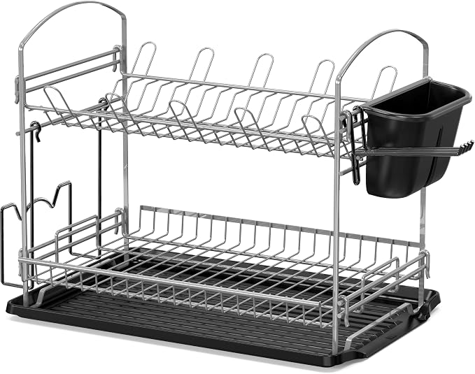 Simple Houseware 2-Tier Dish Rack with Drainboard, Silver