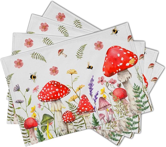 Mushroom Plants Placemats Set of 4，Rustic Wildflowers Heat Resistant Washable Place Mats 12x18 Inch Farmhouse Decor Table Mats for Party Kitchen Dining Indoor Outdoor