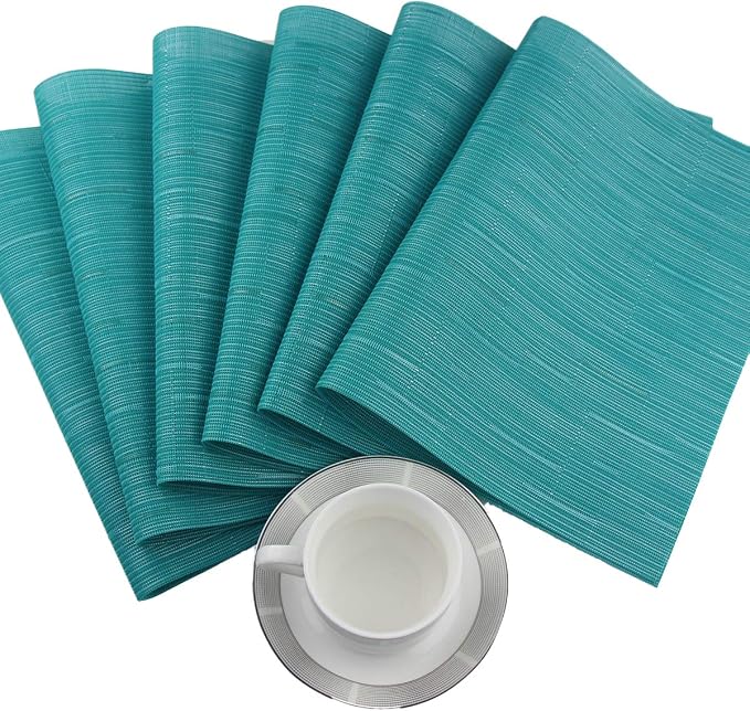 Plastic Placemats,Non Slip Washable Placemats for Dining Table Wipe Clean Table Mats Set of 6 (Cyan Blue)