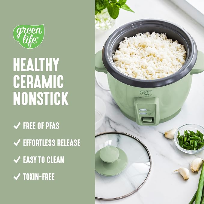 GreenLife Rice Cooker, 3-Cups Uncooked/6-Cups Cooked, Sage Green | PFAS-Free Ceramic Nonstick Removable Pot, One-Switch Design, Grains Multicooker, Keep Warm, Dishwasher Safe Parts, Easy Clean