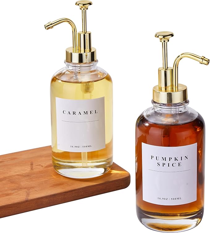Coffee Syrup Dispenser for Coffee Bar with Gold Upgraded Pump, 2 Pack | 16.9 oz 500 ml Syrup Dispensers, Coffee Syrup Pump Dispenser, Glass Syrup Bottle 28 Labels and Bamboo Tray