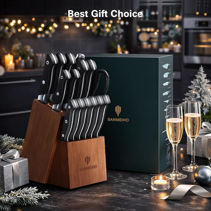 16 PCS Japanese Kitchen Knife Set with Block, Dishwasher Safe | 5 Layers High Carbon 9Cr18Mov Stainless Steel, Ultra-Sharp Professional Chef Cooking Knives Set with Ergonomic Handle