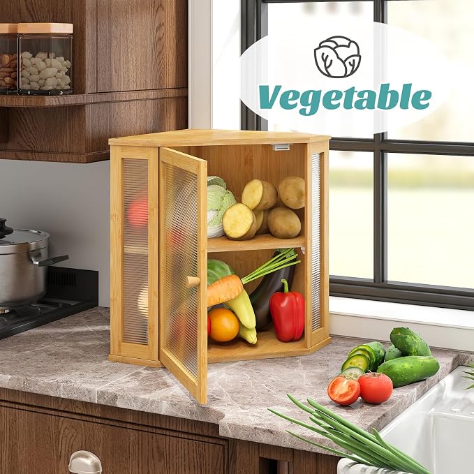 Corner Bread Box, Large Bamboo Bread Box for Kitchen Countertop, 2 Tier Wooden Bread Storage (Natural, Large)