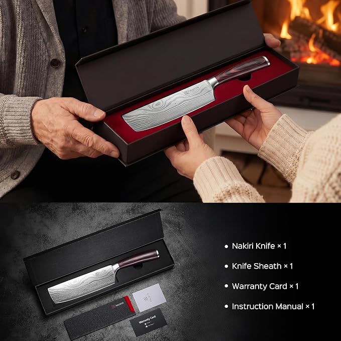 PAUDIN Nakiri Knife - 7" Razor Sharp Meat Cleaver and Vegetable Kitchen Knife, High Carbon Stainless Steel, Multipurpose Asian Chef Knife for Home and Kitchen with Ergonomic Handle