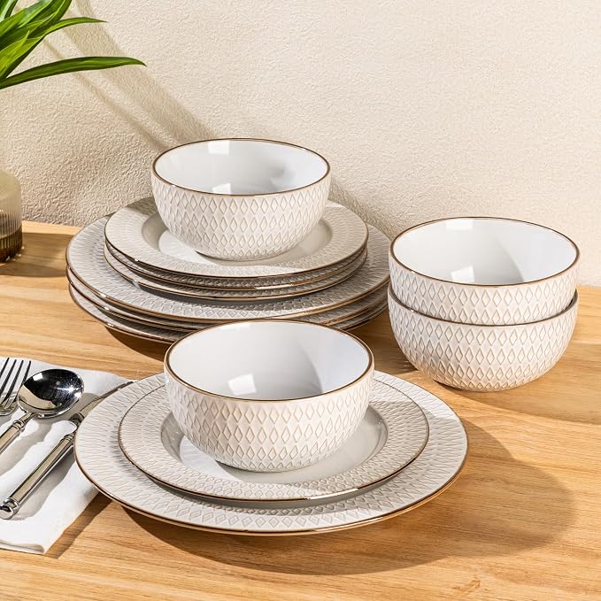 GBHOME Ceramic Dinnerware Sets of 6,18 pcs Plates and Bowls Sets Dishes | Embossed Elegant Stoneware Dishes Set | Dishwasher & Microwave Safe | Service for 4